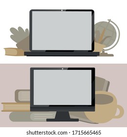 Flat Design Line of e-learning banner, online education. Modern vector illustration for web design, marketing, advertising,  printed materials. Concept online education on notebook, computer.