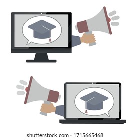 Flat Design Line of e-learning banner, online education. Modern vector illustration for web design, marketing, advertising,  printed materials. Concept online education on notebook, computer.