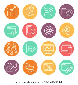 Flat design line icons set of SEO website searching optimization and technology development.