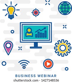 Flat design, linear style, colorful vector illustration concept for webinar, online learning or education, professional lectures in internet. Isolated on bright background, eps 10