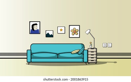 flat design living room with blue chairs and wooden wardrobe beside it