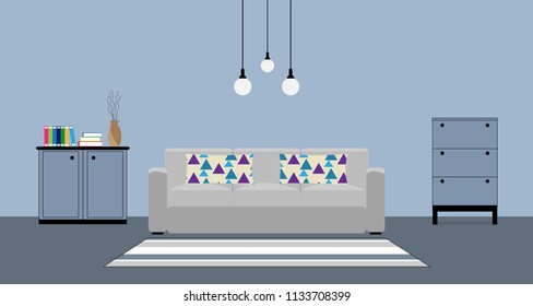 Flat design of living room interior with sofa, pillows, lockers, book, flower vase and carpet, vector illustration