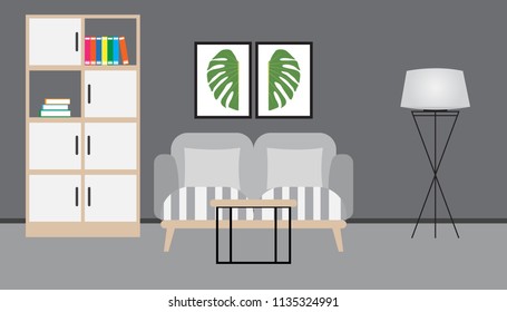 Flat design of living room interior with sofa, pillows, book, picture flame and carpet, vector illustration
