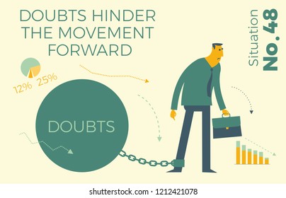 Flat design llustration for presentation, web, landing page: businessman sad man chained to a heavy ball by the leg.