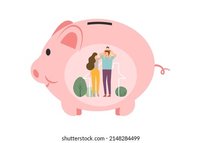 Flat design of ‘home loan investment’ vector, buying house from piggy bank money saving, flat design of home loan vector, flat design of house loan vector, flat design of residence loan vector.