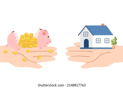 Flat design of ‘home loan investment’ vector, buying house from piggy bank money saving, flat design of home loan vector, flat design of house loan vector, flat design of residence loan vector.