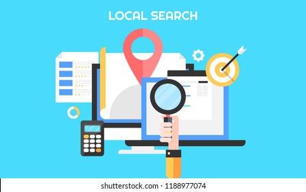 Flat design Local Search, Local map, SEO vector banner illustration with icons and elements