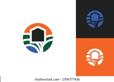 flat design logo of field home with multicolored and simple styles