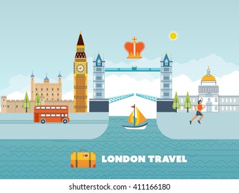 Flat design of London city. Modern London skyline vector illustration. London travel. Historical and modern building.