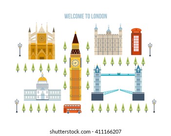 Flat design of London city. Modern London skyline vector illustration. London travel. Historical and modern building.