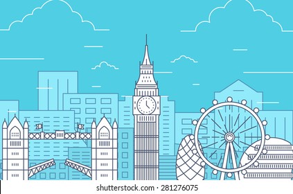 Flat design London, UK Great Britain points of interest on a blue background. Vector illustration.