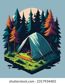 flat design of a lone tent in the lush forest vector