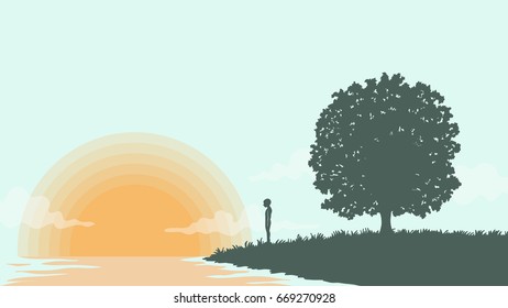 Flat design lonely man and tree silhouette with river landscape at the sunset vector illustration background