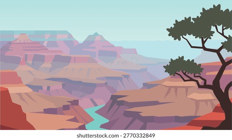 Flat Design Lonely Tree Above Endless Stone Rivers 
