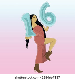 Flat design of long haired girl wearing a dress and holding number 16 on hand