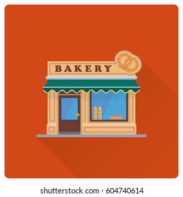 flat design long shadow bakery shop building vector illustration