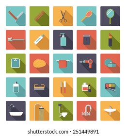 Flat Design Long Shadow Bath and Beauty Vector Icons. Set of 25 bathroom related symbols in rounded squares