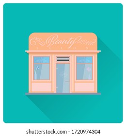 Diseño plano de largo salón de belleza de sombra construcción ilustración vectorial. Fachada de spa de día.
