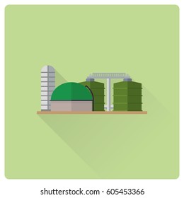 Flat Design Long Shadow Bio Mass Power Plant Buildings Vector Illustration