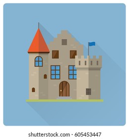 diseño plano largo sombra de la construcción del castillo vectorial