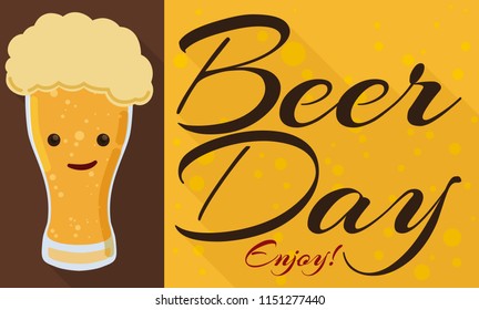 Flat design with long shadow commemorating Beer Day with a cute and elegant weizen glass filled with premium quality beer.