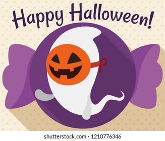 Flat design with long shadow and a funny ghost wearing a mask like a pumpkin and saluting at you during candy recollection in Halloween.