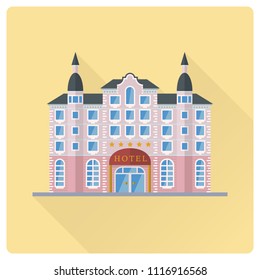 Flat Design Long Shadow Grand Hotel Building Vector Illustration