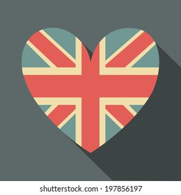 Flat design long shadow icon with the UK flag in the shape of a heart. svg