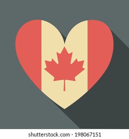 Flat design long shadow icon with the Canadian flag in the shape of a heart.