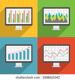 Flat design long shadow icons of computer display with financial charts and graphs