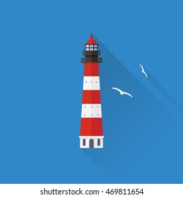Flat design long shadow lighthouse icon on blue background