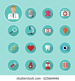 Flat design with long shadow of medical icons and medical equipments tools. Vector illustration healthcare and medical concept design.