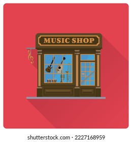 Flat design long shadow music shop building vector illustration, store facade with musical intrument in the window.