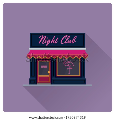 Flat design long shadow nightclub building vector illustration. Adult bar facade with and pink flamingo sign and awning.
