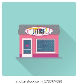 Flat design long shadow optician storefront building vector illustration. Small optics shop symbol.