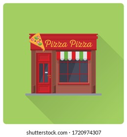 Flat design long shadow Pizzeria building vector illustration. Cute Italian restaurant facade.