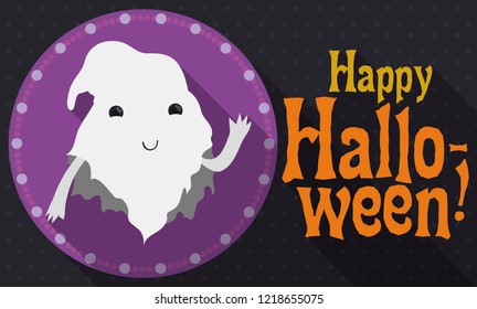 Flat design with long shadow presenting a cute ghost inside a haunted button, saluting at you with greeting sign for Halloween celebration.