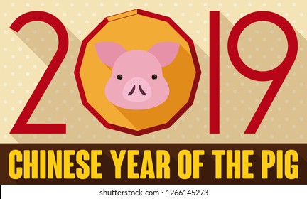 Flat design with long shadow presenting cute piggy face to celebrate the 2019 Chinese New Year of the Earth Pig.