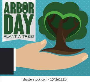 Flat design with long shadow presenting a hand holding a tiny tree, promoting tree plantation during Arbor Day celebration.