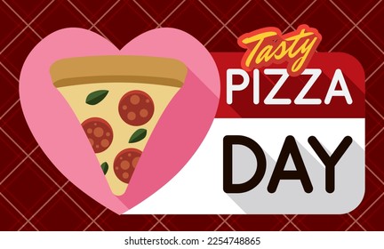 Flat design with long shadow presenting a delicious pepperoni pizza slice inside a pink heart and calendar to celebrate its tasty day.