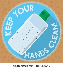 Flat design with long shadow and protective round button with sanitizer gel bottle inside of it, promoting to keep your hands clean.