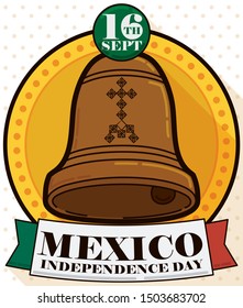 Flat design with long shadow of a round button with bell inside of it and  greeting ribbon ready to commemorate Mexico's Independence Day this 16th September.