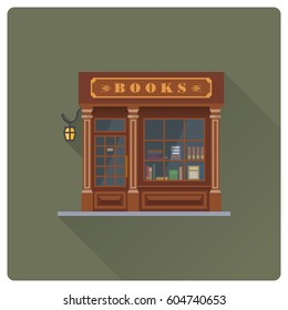 flat design long shadow small old book store building vector illustration