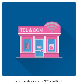 Diseño plano de larga sombra de los equipos de teléfono y comunicaciones almacenando ilustración vectorial de edificio. Escaparate de tienda de telecomunicaciones 