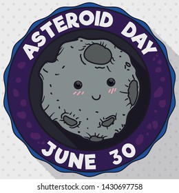 Flat design with long shadow of a tender asteroid inside a round button, smiling at you with the date to celebrate Asteroid Day: June 30.