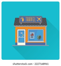 Flat design long shadow Travel Agent's shop building vector illustration. Cute store facade.