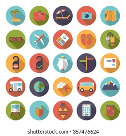 Flat Design Long Shadow Travel and Vacation Round Icon Set. Collection of tourism and  vacation vector symbols in circles