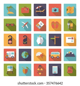 Flat Design Long Shadow Travel and Vacation Square Icon Set. Collection of 25 tourism related vector symbols in rounded squares