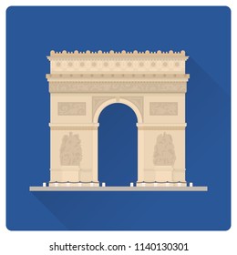 Flat design long shadow vector illustration of Arc de Triomphe, the Triumphal Arch, at Paris, France