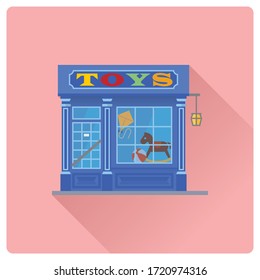 Diseño plano tienda de juguetes vintage larga de sombra construcción ilustración vectorial, fachada de tienda con signo colorido y juguetes en la ventana